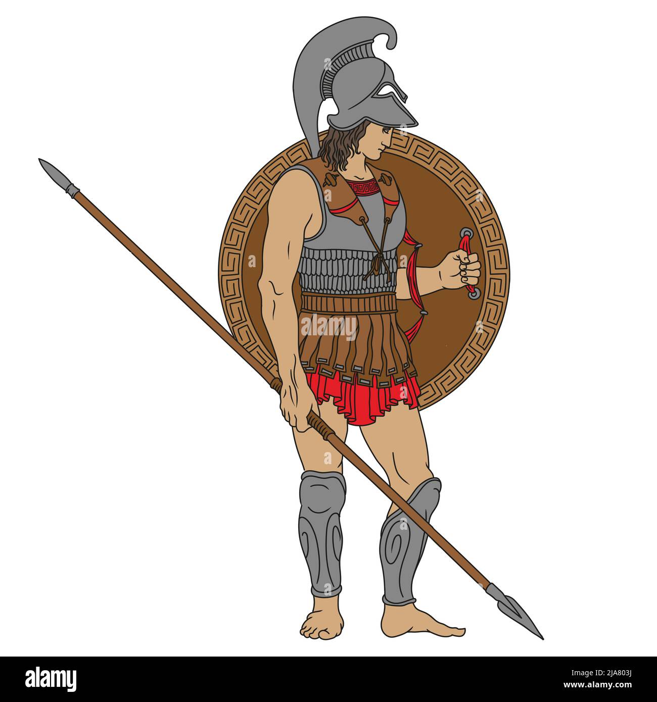 Guerrier grec ancien avec des lances et des boucliers dans leurs mains. Figure isolée sur fond blanc. Illustration de Vecteur