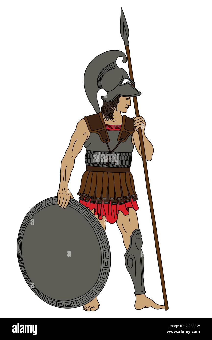 Guerrier grec ancien avec des lances et des boucliers dans leurs mains. Figure isolée sur fond blanc. Illustration de Vecteur