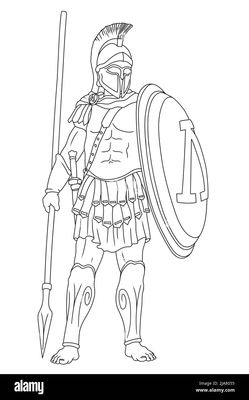 Guerrier grec ancien avec des lances et des boucliers dans leurs mains. Figure isolée sur fond blanc. Illustration de Vecteur