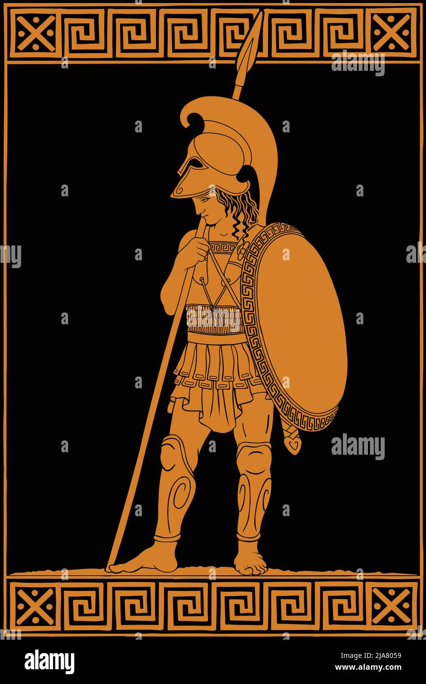 Guerrier grec ancien avec des lances et des boucliers dans leurs mains. Illustration de Vecteur