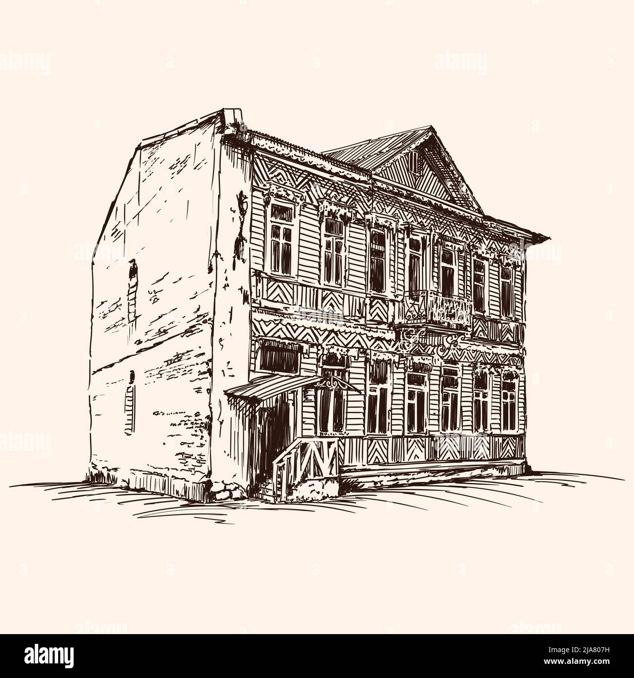 Dessinez à la main sur un arrière-plan beige. Ancienne maison en brique de style européen. Illustration de Vecteur