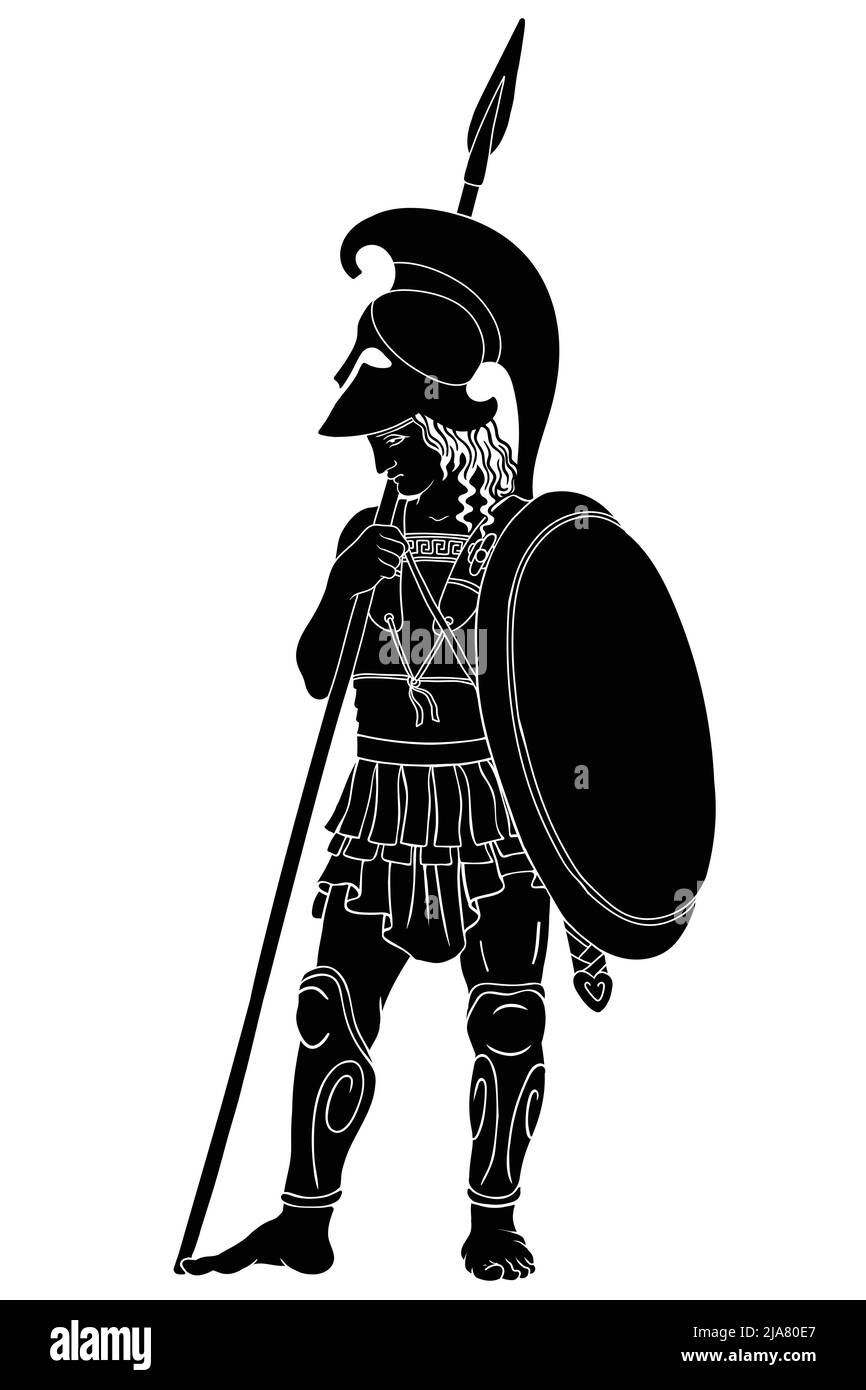 Guerrier grec ancien avec des lances et des boucliers dans leurs mains. Figure isolée sur fond blanc. Illustration de Vecteur