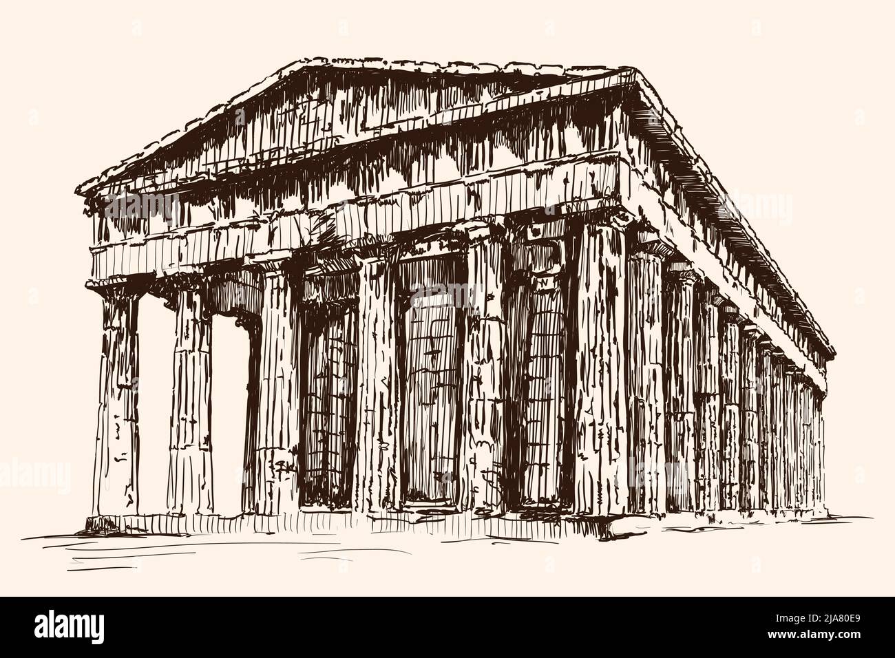 Temple en pierre en ruines pré-grec avec colonnes. Croquis à la main rapide sur un arrière-plan beige. Illustration de Vecteur