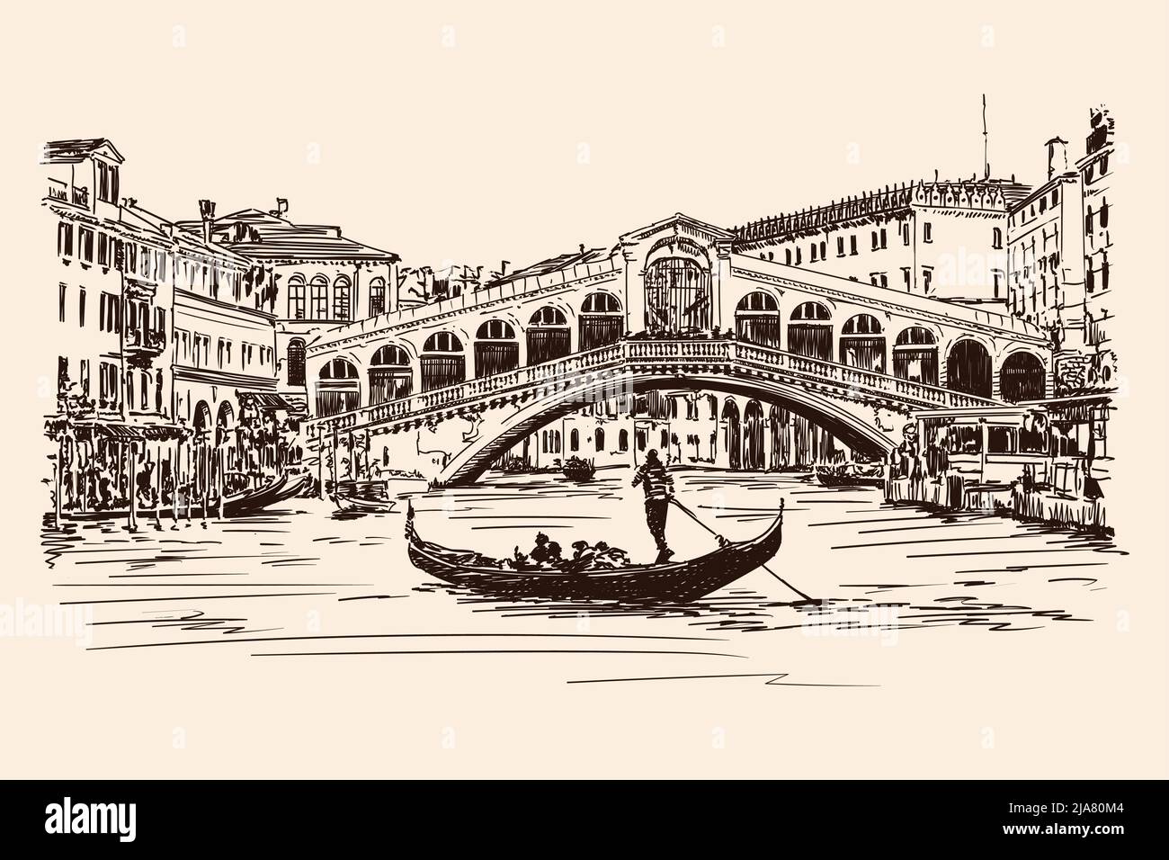 Vieux pont du Rialto sur le Grand Canal à Venise. Dessin vectoriel. Illustration de Vecteur