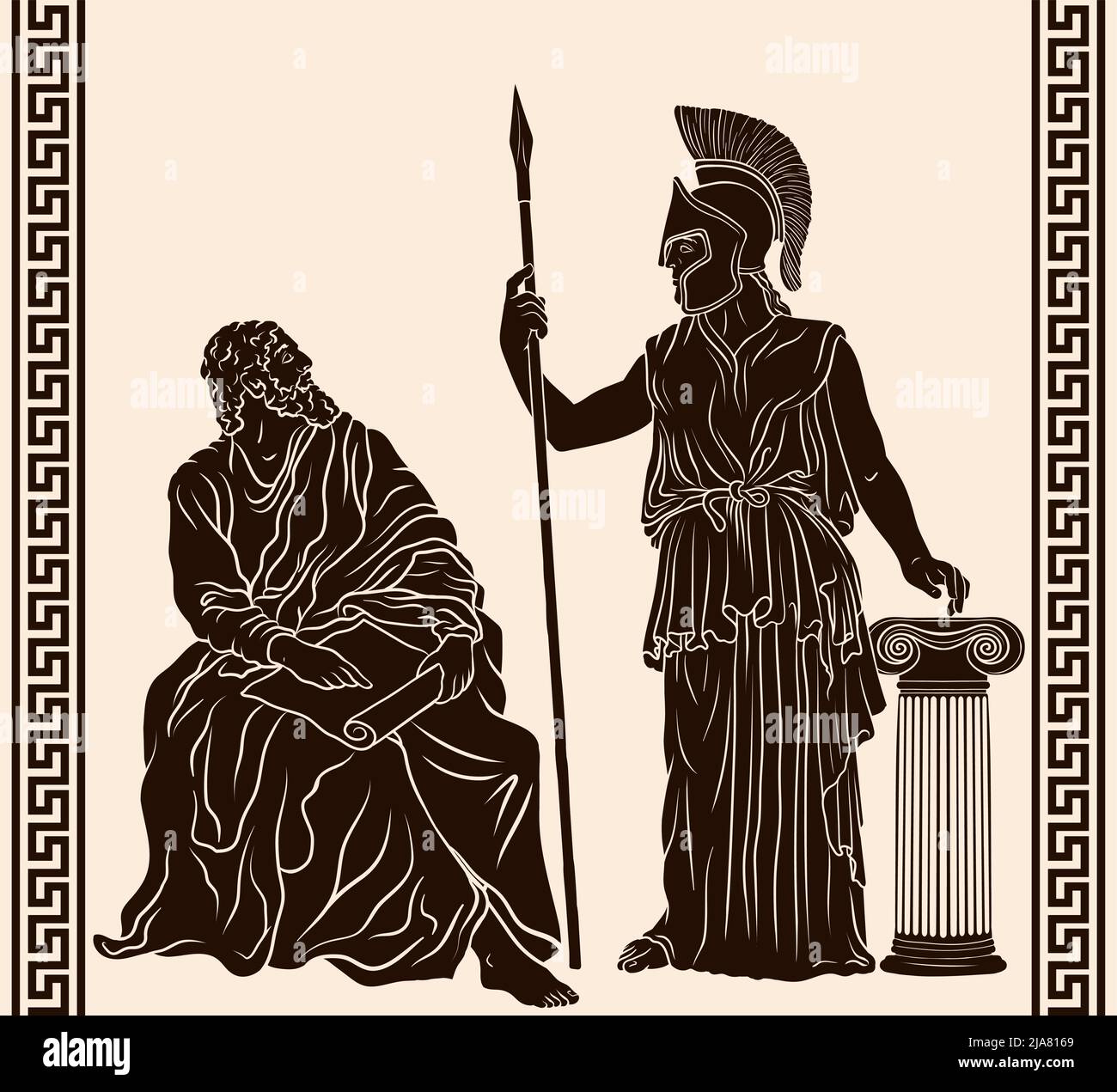 Le philosophe grec ancien sage est assis avec le papyrus dans ses mains et la déesse Pallas Athena dans un casque avec une lance dans sa main se tient à côté de la TH Illustration de Vecteur