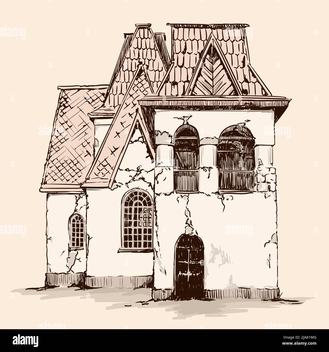 Dessinez à la main sur un arrière-plan beige. Ancienne maison rustique en pierre de style russe avec un toit en bois. Illustration de Vecteur