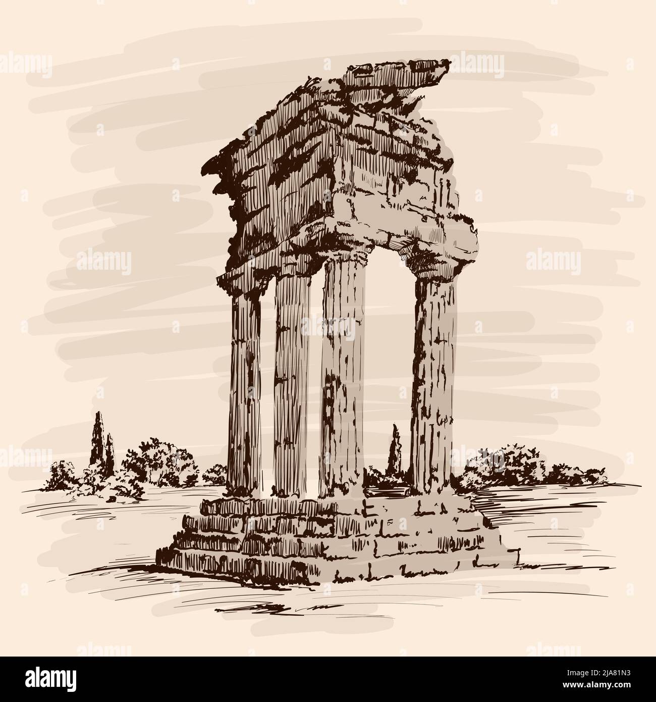 Ruines en pierre d'un ancien temple grec. Toit, colonnes et marches sur fond beige. Illustration de Vecteur