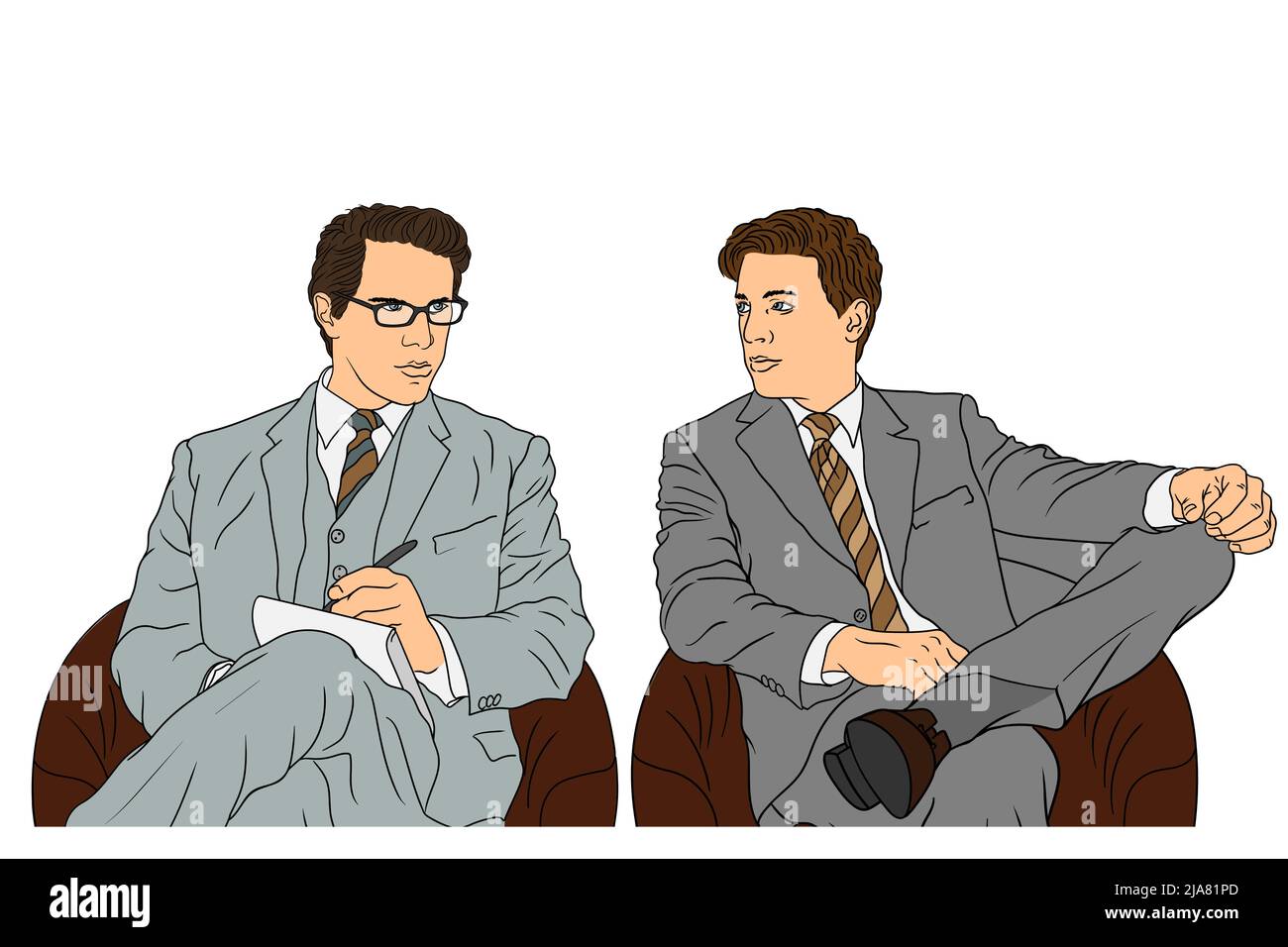 Deux jeunes hommes d'affaires en costume classique sont assis à la conférence dans des fauteuils et parlent. Illustration de Vecteur