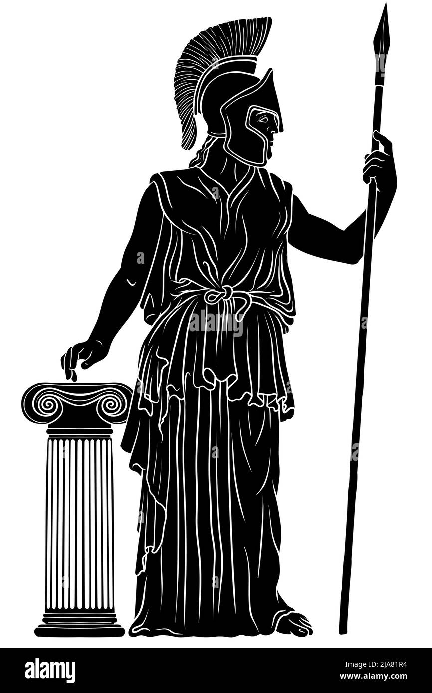 La déesse grecque antique Pallas Athena dans un casque avec une lance dans sa main se tient à côté de la colonne. Illustration vectorielle isolée sur fond blanc. Illustration de Vecteur