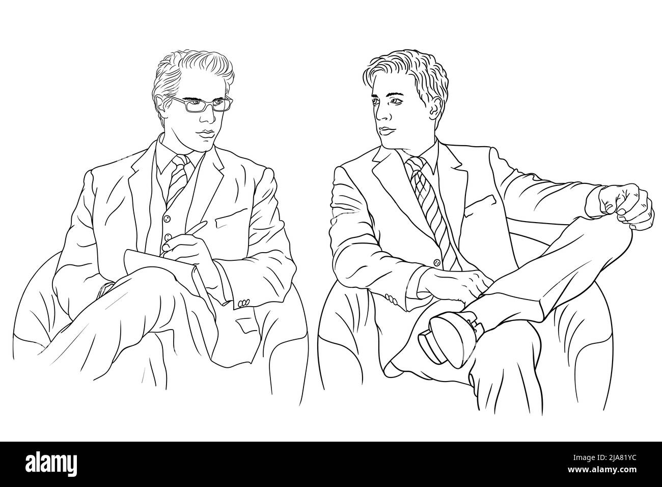 Deux jeunes hommes d'affaires en costume classique sont assis à la conférence dans des fauteuils et parlent. Illustration de Vecteur