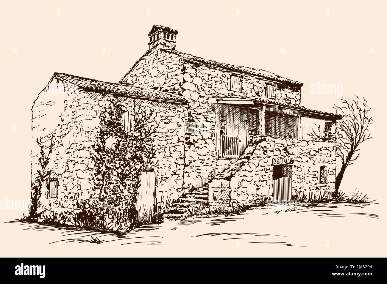 Ancienne cour avec maison en pierre avec un toit carrelé. Dessinez à la main sur un arrière-plan beige. Illustration de Vecteur