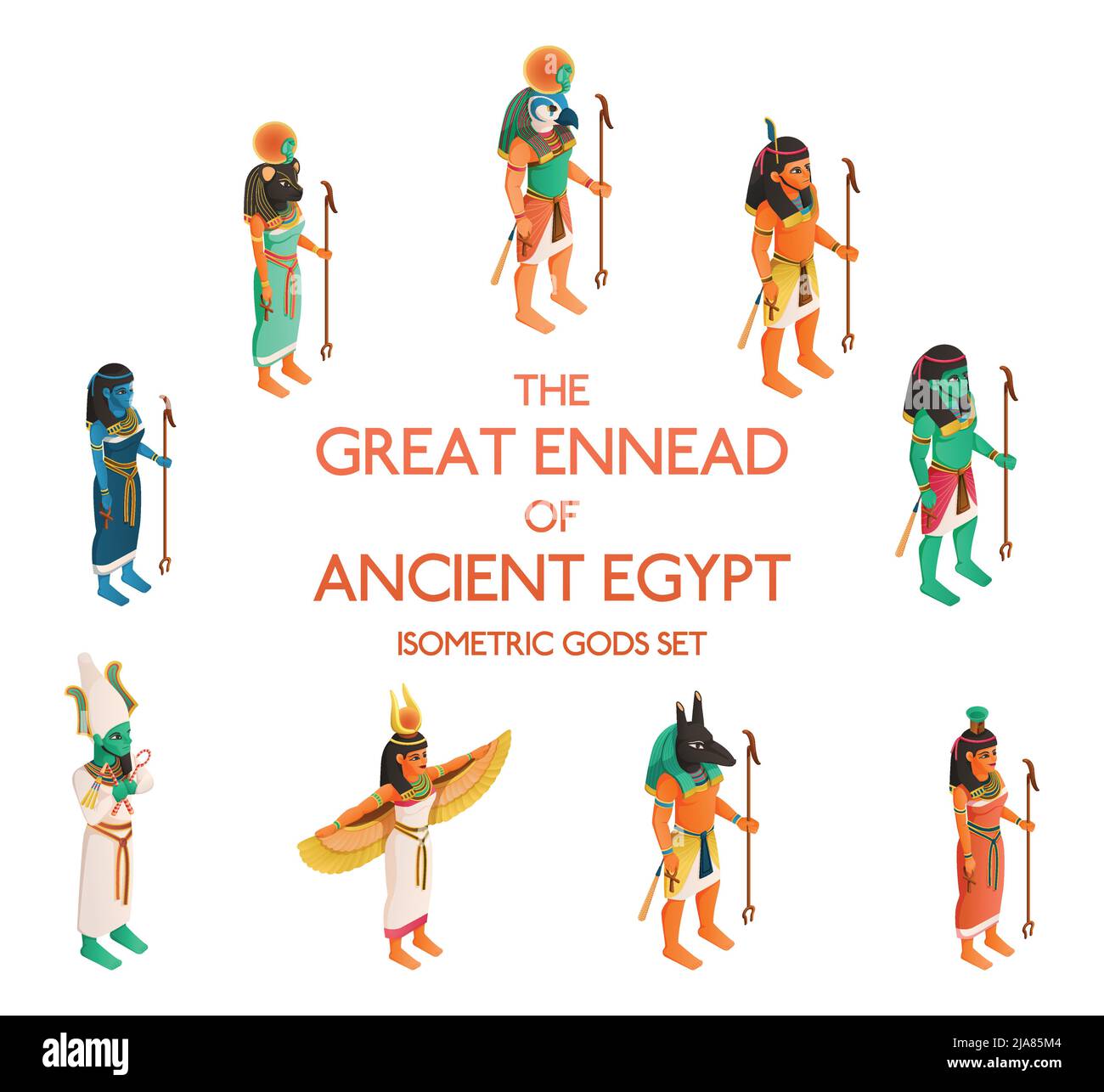 Grande ennead de l'Égypte ancienne y compris l'illustration du vecteur isolé de ra bastet isis osiris set ptah maat Illustration de Vecteur