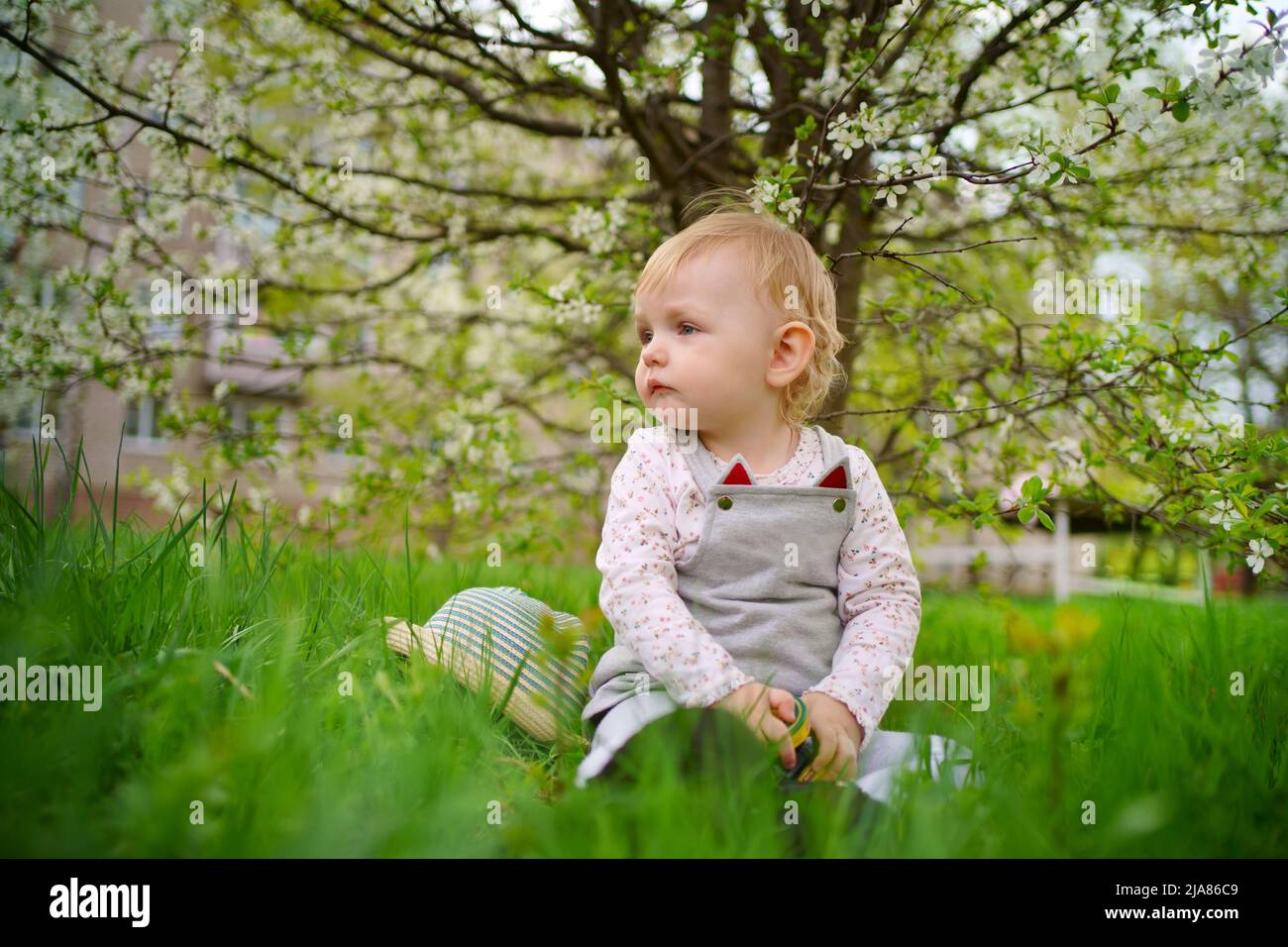 fille dans un jardin de cerisiers en fleurs Banque D'Images