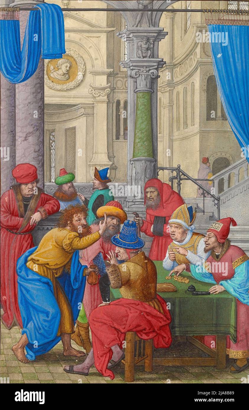 Judas recevant les trente morceaux d'argent par Simon Bening Banque D'Images