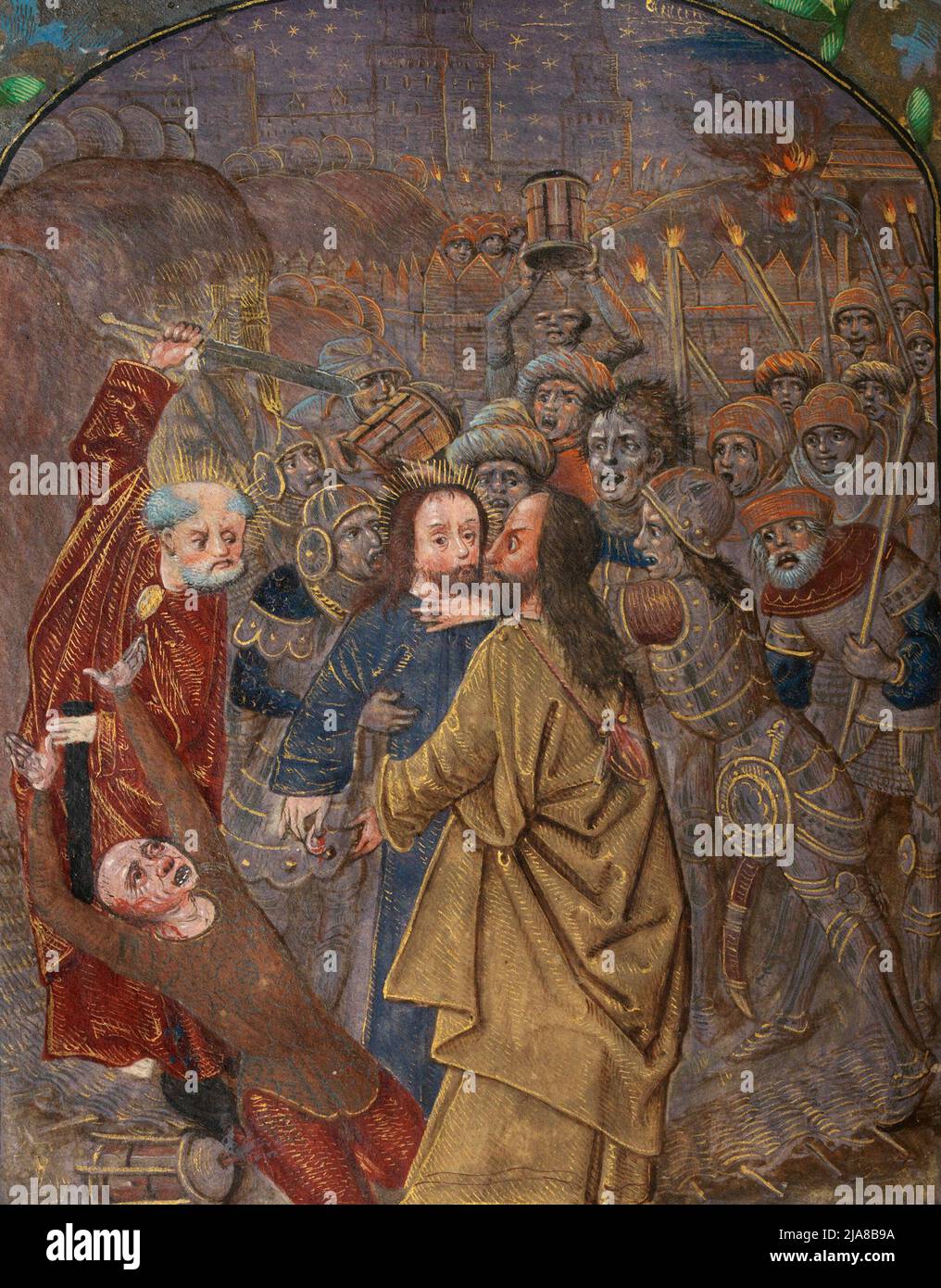 La trahison et la capture du Christ. Pierre lève son épée ; Judas se pend lui-même. Illumination d'un manuscrit occidental Banque D'Images