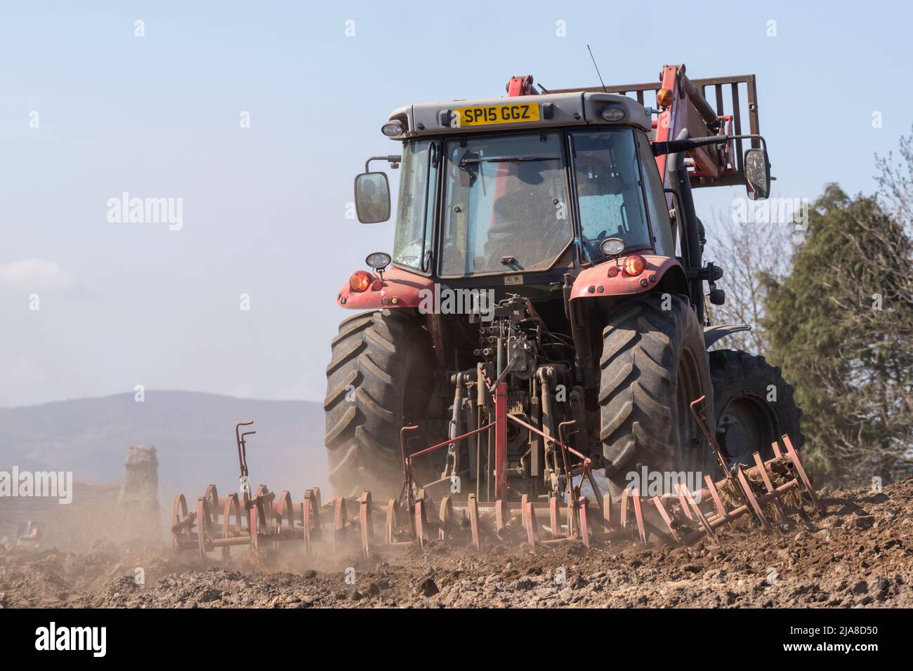 Un agriculteur dans un tracteur Massey Ferguson qui fait fonctionner un cultivateur dans un champ labouré sec Banque D'Images