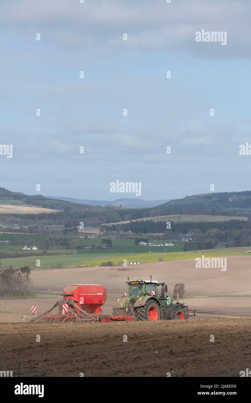 Une vue panoramique sur la campagne de l'Aberdeenshire au printemps, avec un tracteur Fendt et un semoir Horsch travaillant dans un champ labouré dans la forêt Banque D'Images