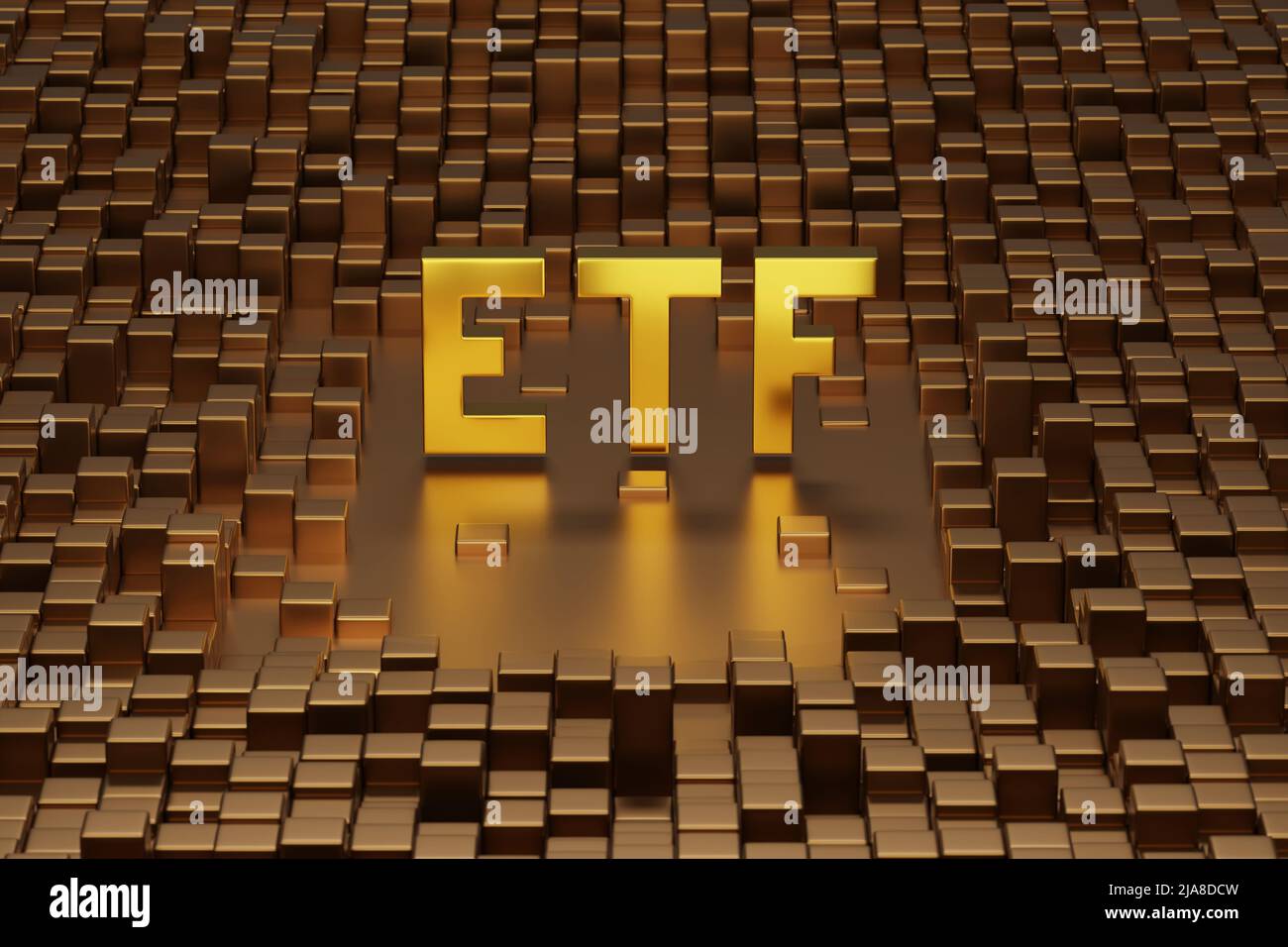 Golden ETF mot solide sur des cubes métalliques. 3d illustration. Banque D'Images