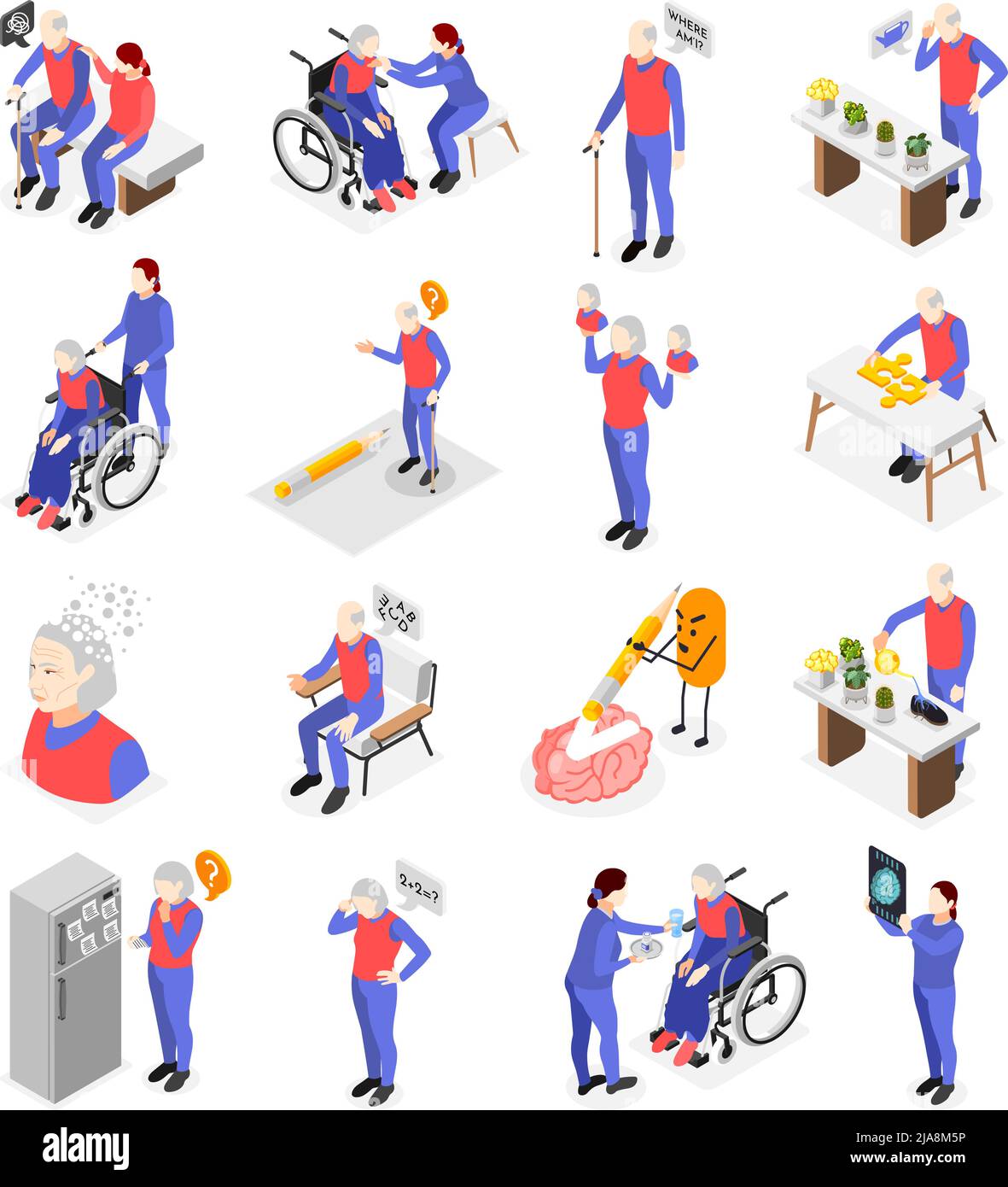 Personnes âgées présentant des symptômes de démence ensemble isométrique avec les caractères humains des patients âgés et le personnel médical 3D illustration de vecteur isolé Illustration de Vecteur