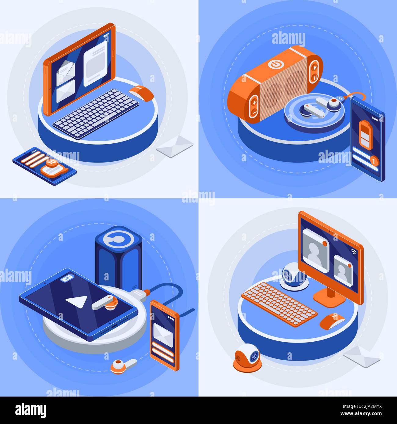 Technologie sans fil carrés icônes isométriques ensemble avec clavier et souris symboles illustration vectorielle isolée Illustration de Vecteur