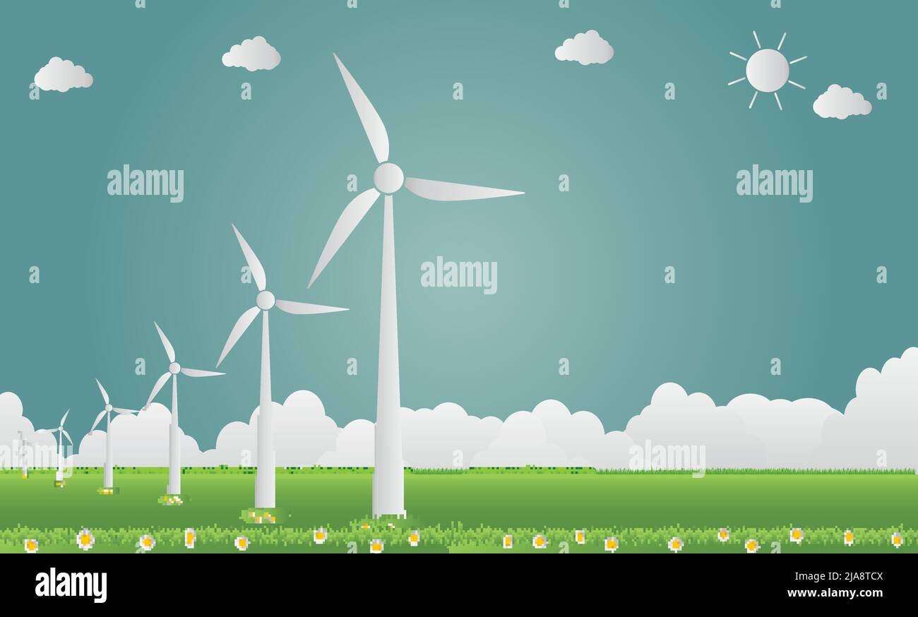 Éoliennes à énergie propre au soleil avec route éco-friendly idées de concept.illustration vectorielle Illustration de Vecteur