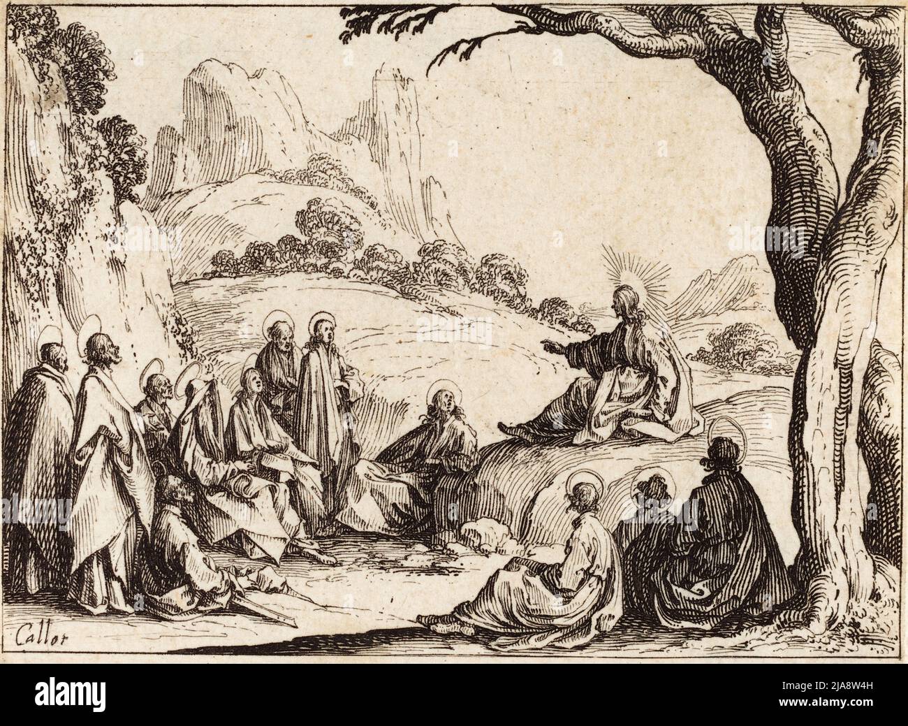 Sermon sur le Mont gravure par Jacques Callot représentant Jésus enseignant les principes centraux du christianisme, y compris la prière du seigneur et les béatitudes Banque D'Images