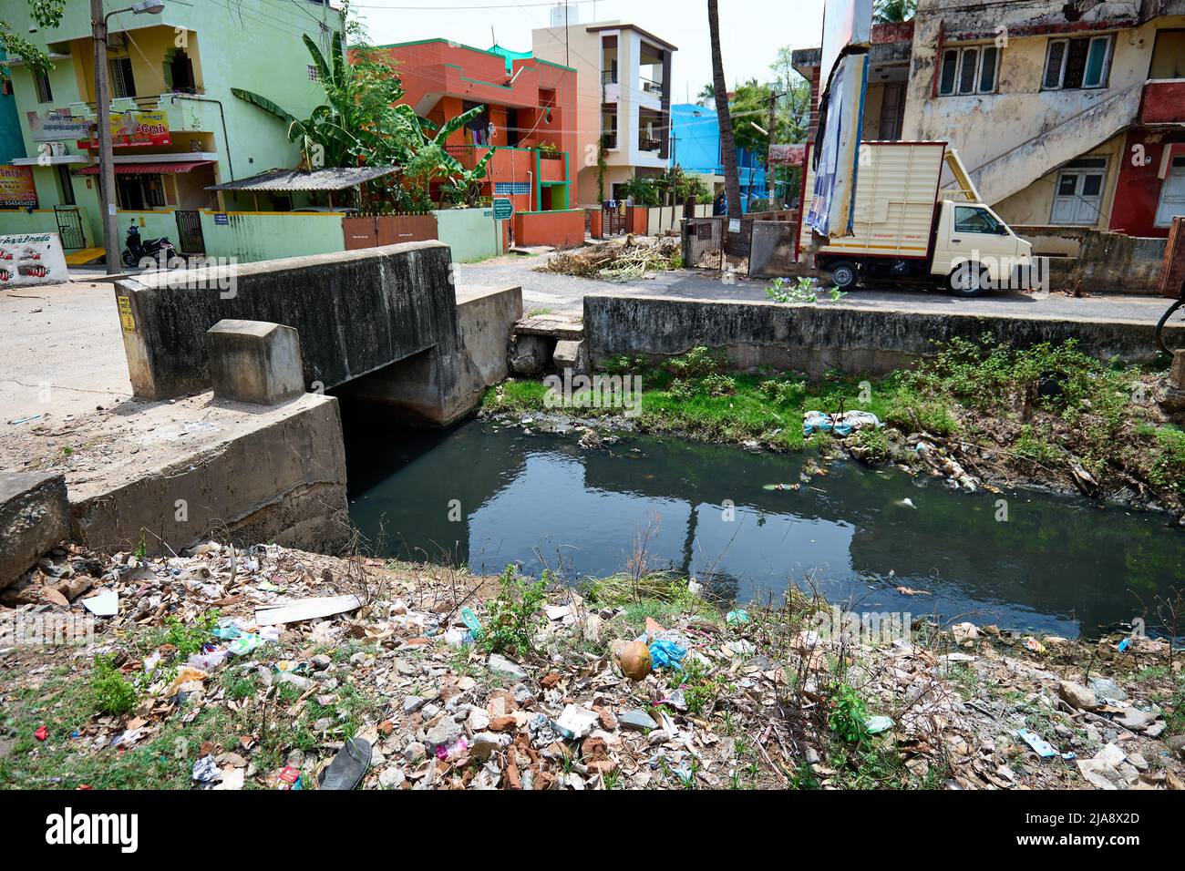 Système d'eaux usées à Pondichéry, dans le sud de l'Inde Banque D'Images