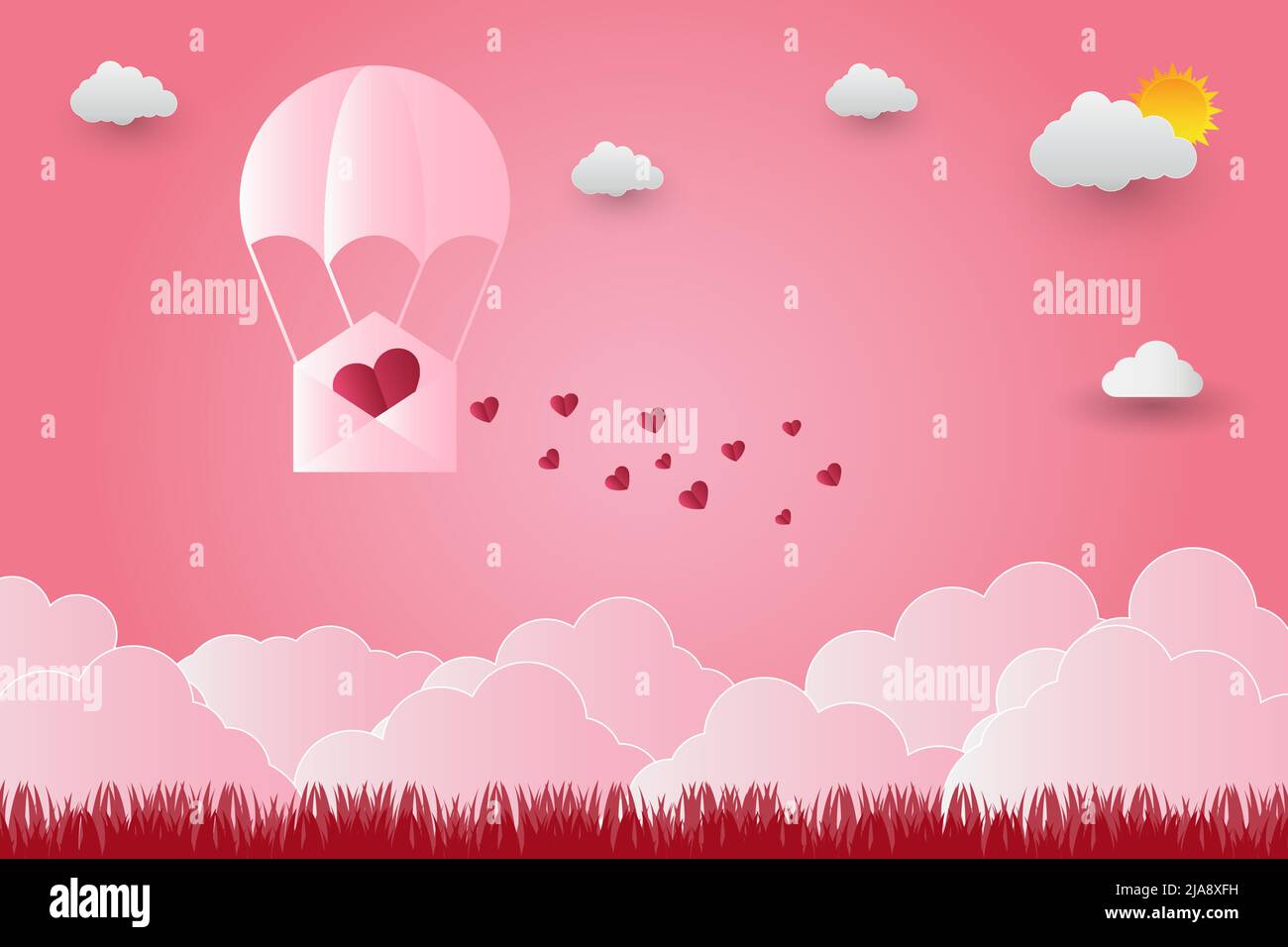 Ballons de Saint-Valentin en forme de cœur survolant l'arrière-plan de la vue de l'herbe, style d'art papier. Illustrateur vectoriel Illustration de Vecteur