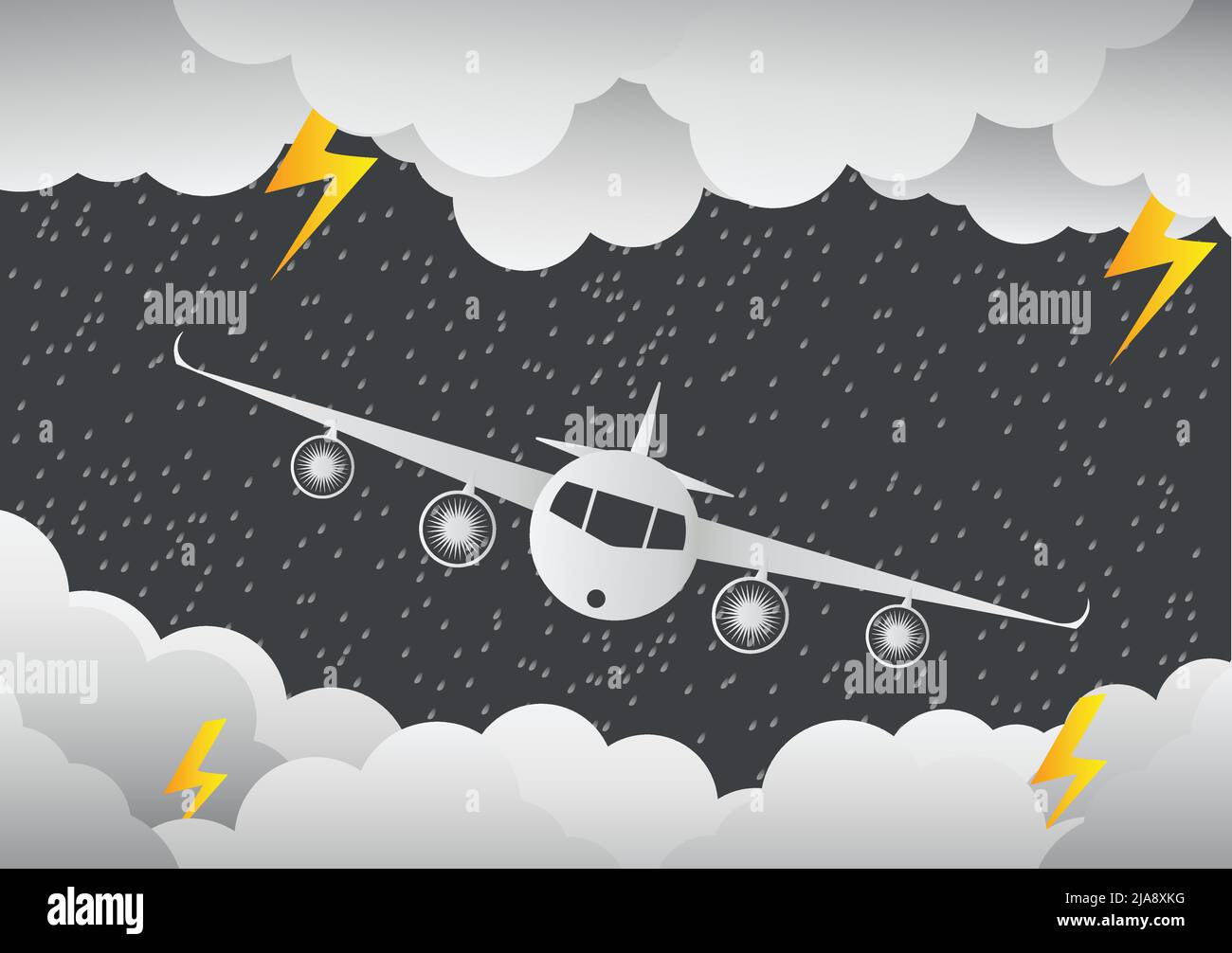 L'avion vole à travers les nuages. Jour pluvieux et foudre dans les nuages, illustration vectorielle Illustration de Vecteur