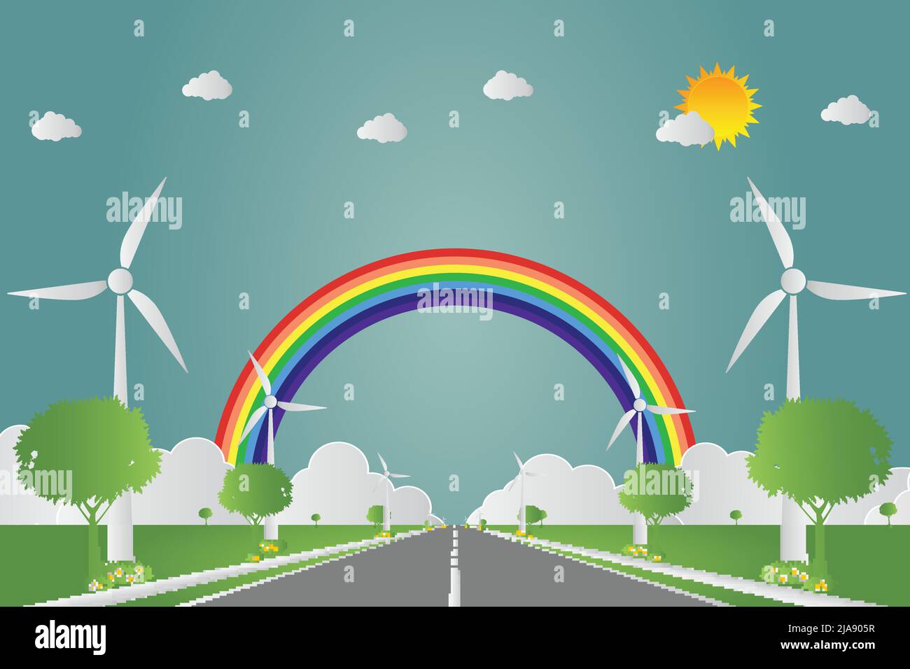 Éoliennes à énergie propre au soleil avec route éco-friendly idées de concept.illustration vectorielle Illustration de Vecteur