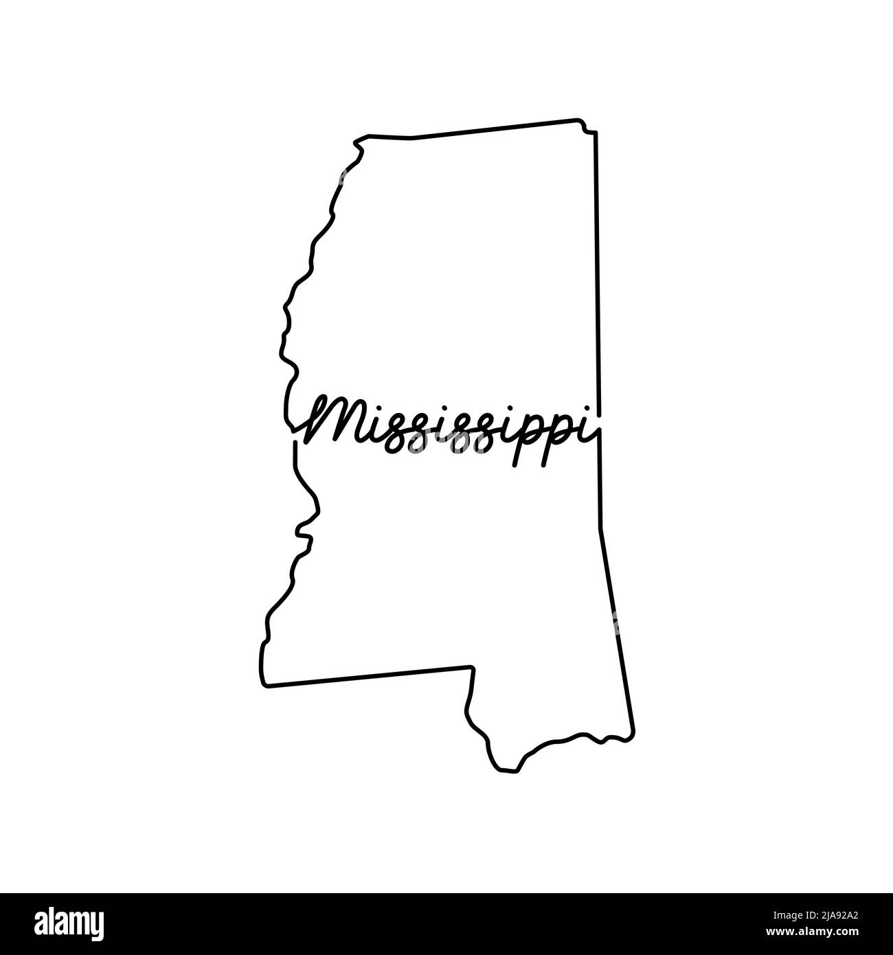 Carte du contour de l'état américain du Mississippi avec le nom de l'état manuscrit.Dessin de ligne continue de signe de maison patriotique.Un amour pour une petite patrie.T-shirt Banque D'Images