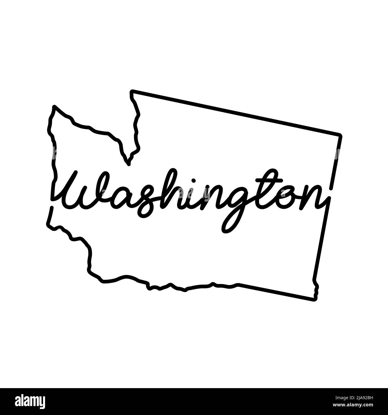 Plan de l'état de Washington avec le nom manuscrit de l'état.Dessin de ligne continue de signe de maison patriotique.Un amour pour une petite patrie.T-shirt Banque D'Images