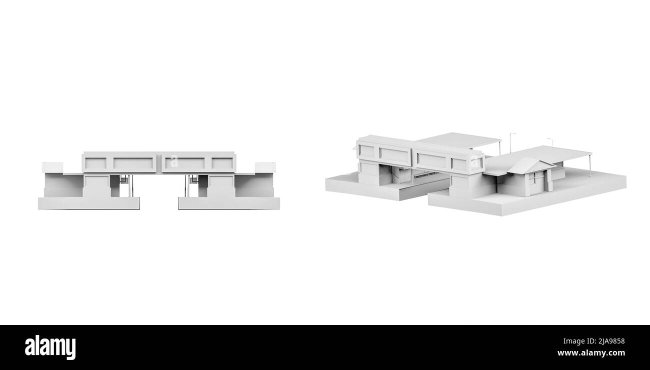 Maquette de gare sur fond blanc - rendu 3D - espace de copie Banque D'Images