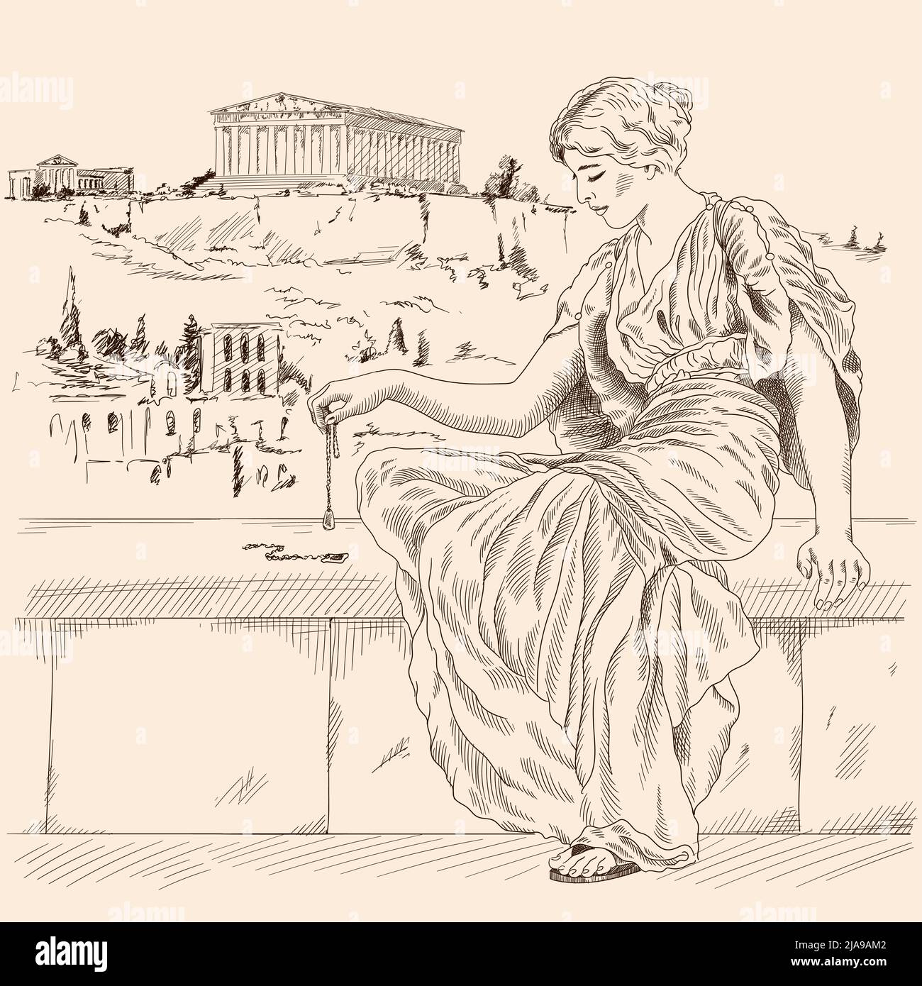 Une ancienne grecque dans une tunique assise sur un parapet de pierre sur le fond du paysage de la ville d'Athènes et tient un bijou dans son ha Illustration de Vecteur