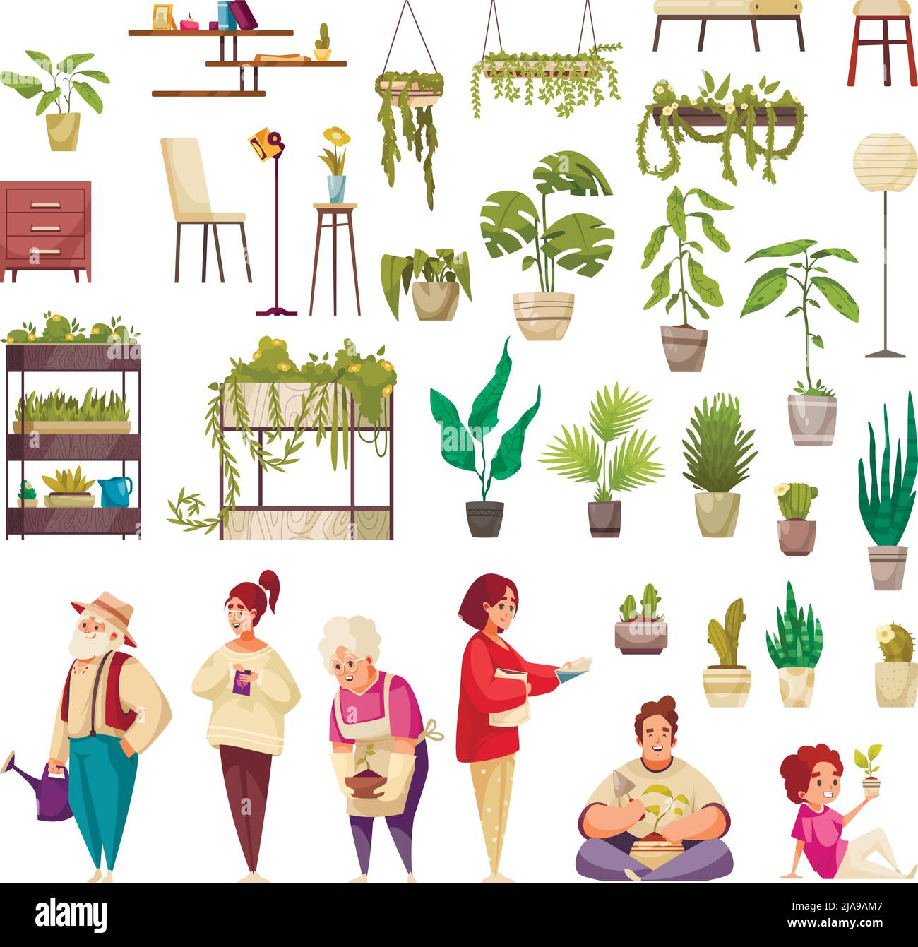 Ensemble de plantes de maison poussant dans des pots ou des jardinières meubles et les gens s'occupant de plantes d'intérieur illustration vectorielle isolée Illustration de Vecteur