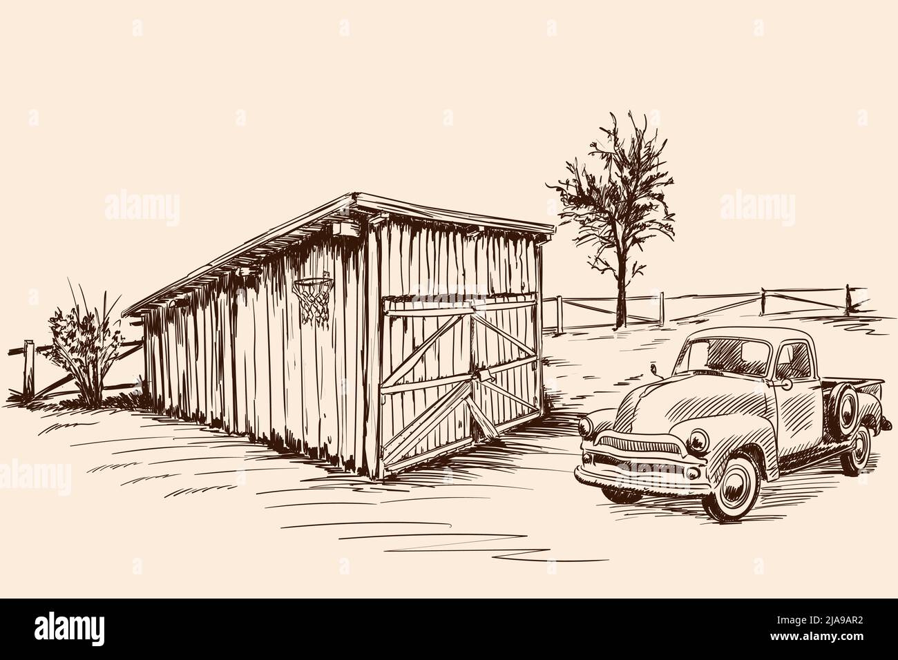 Paysage rural avec un wagon de ferme à côté d'une ancienne grange avec une porte fermée. Dessinez à la main sur un arrière-plan beige. Illustration de Vecteur