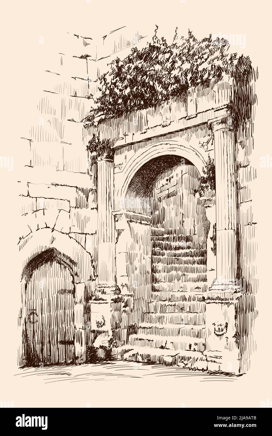 Fragment d'un bâtiment urbain en pierre avec un escalier en colimaçon, une arche et une porte. Illustration de Vecteur