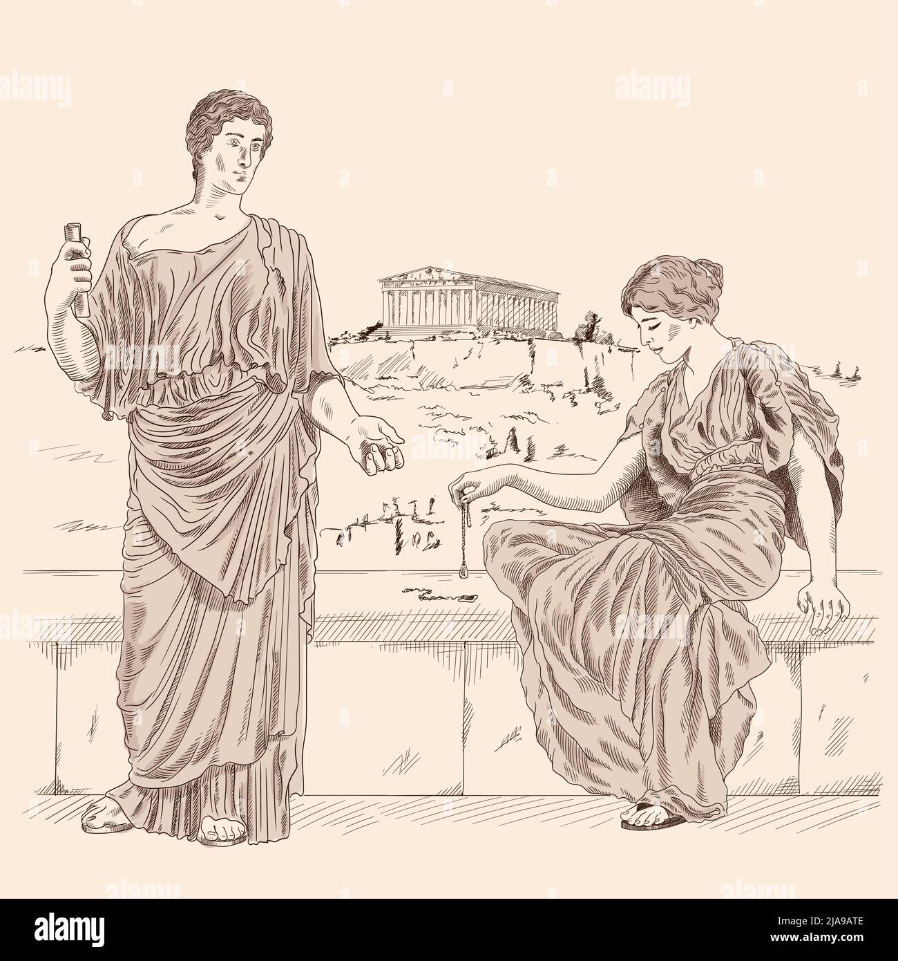 Un poète grec ancien raconte la poésie à une femme assise sur un parapet de pierre sur fond de paysage de la ville d'Athènes. Illustration de Vecteur