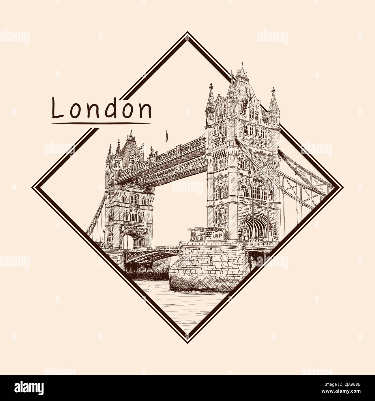 Tower Bridge à Londres, face à la Tamise. Dessinez au crayon sur un arrière-plan beige. Emblème dans un cadre rectangulaire et une inscription. Illustration de Vecteur