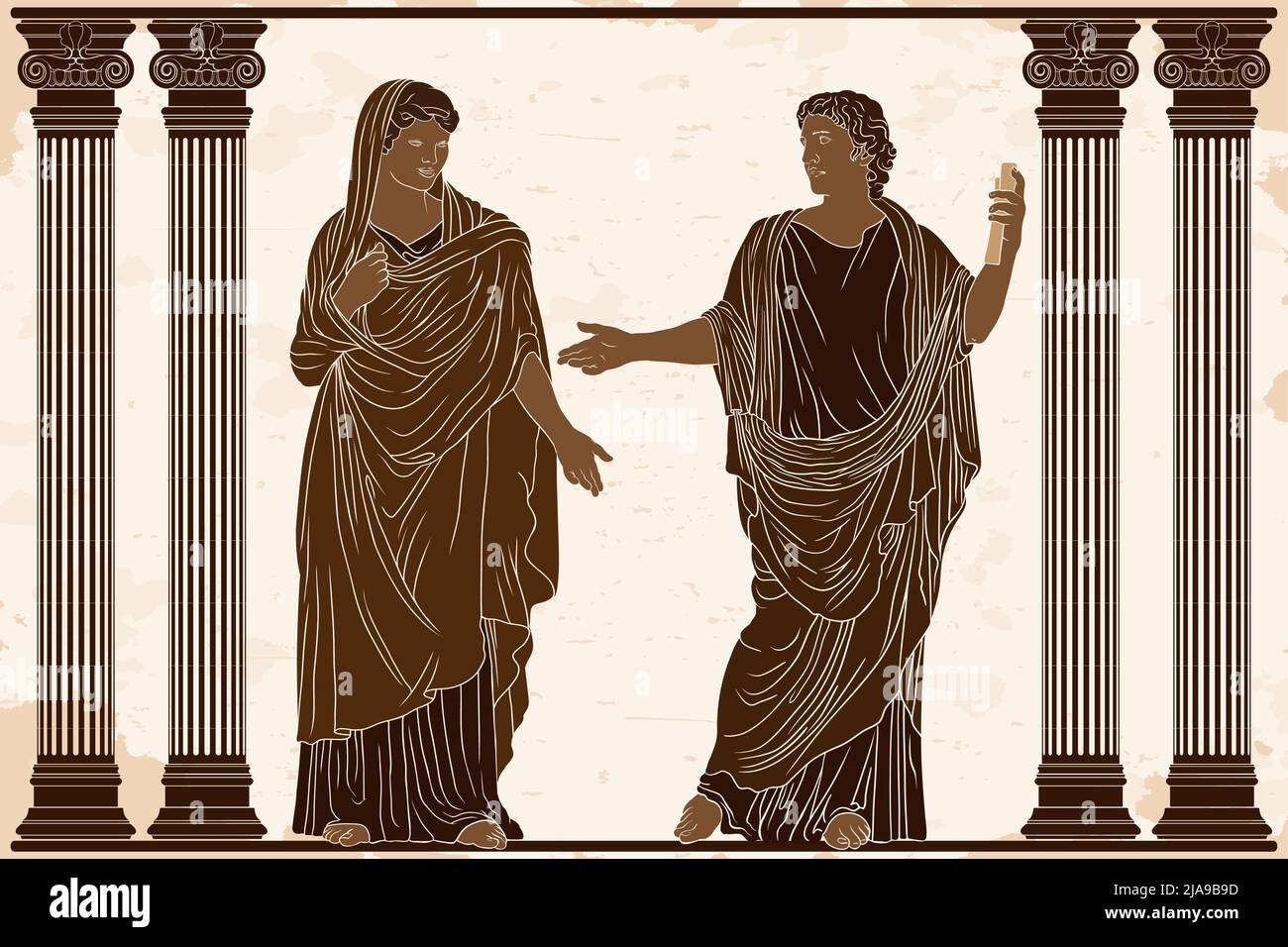 Un poète grec ancien avec un papyrus dans ses mains lit de la poésie pour une femme dans une tunique dans le temple entre les colonnes. Illustration de Vecteur