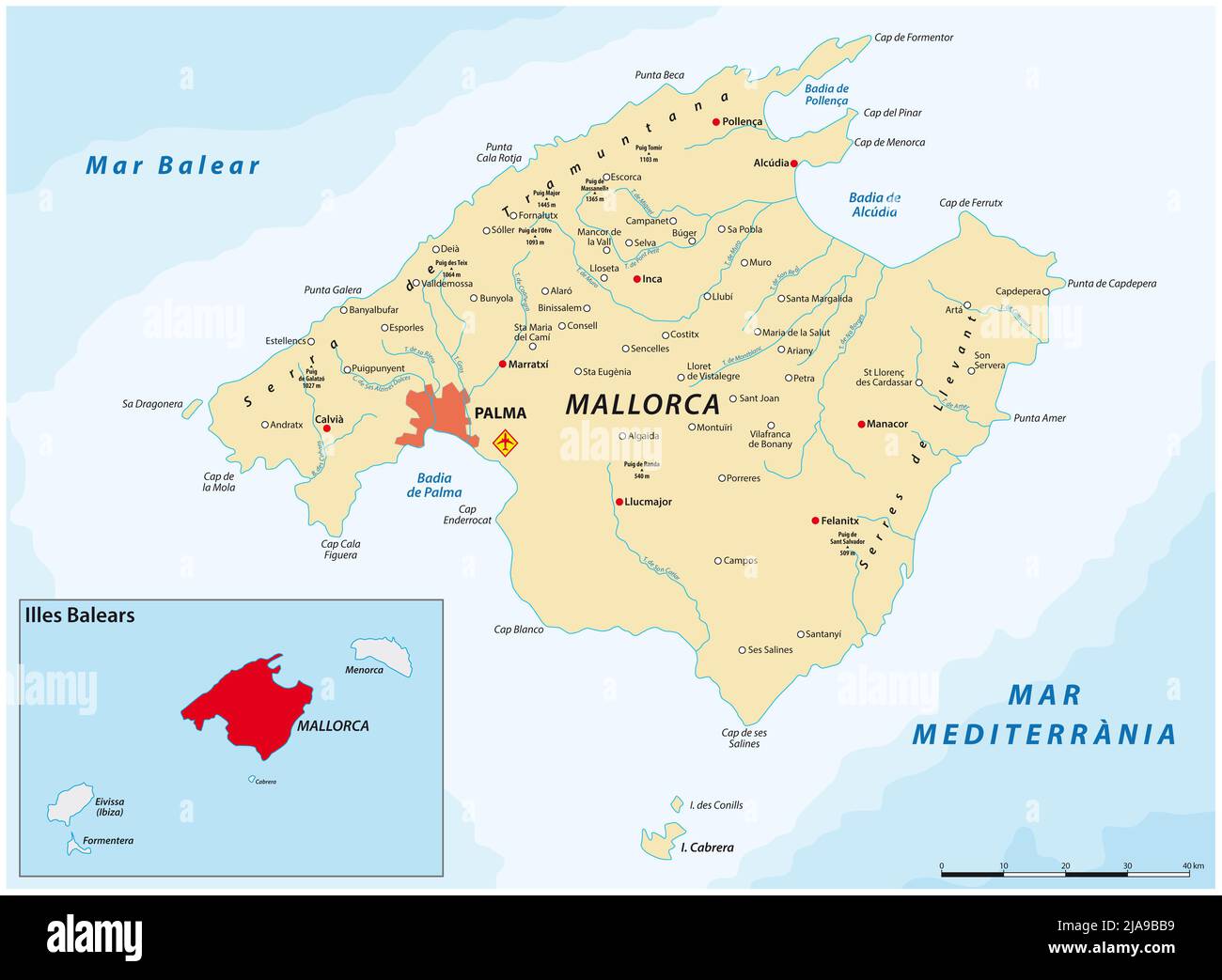 Carte vectorielle de l'île méditerranéenne espagnole de Majorque Banque D'Images