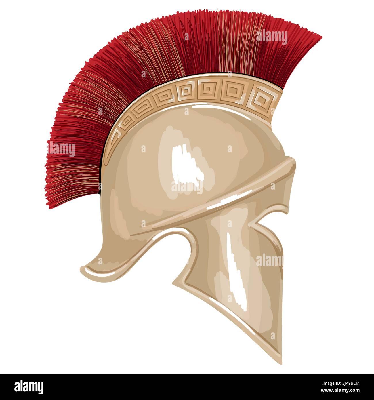 Casque de l'ancienne hoplite de guerrier grec avec un ornement de méandre national isolé sur fond blanc. Illustration de Vecteur