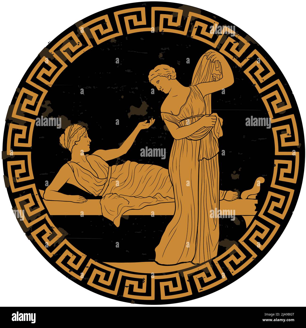 Deux jeunes femmes grecques anciennes dans la chambre sont en dialogue. Peinture ancienne. Illustration de Vecteur