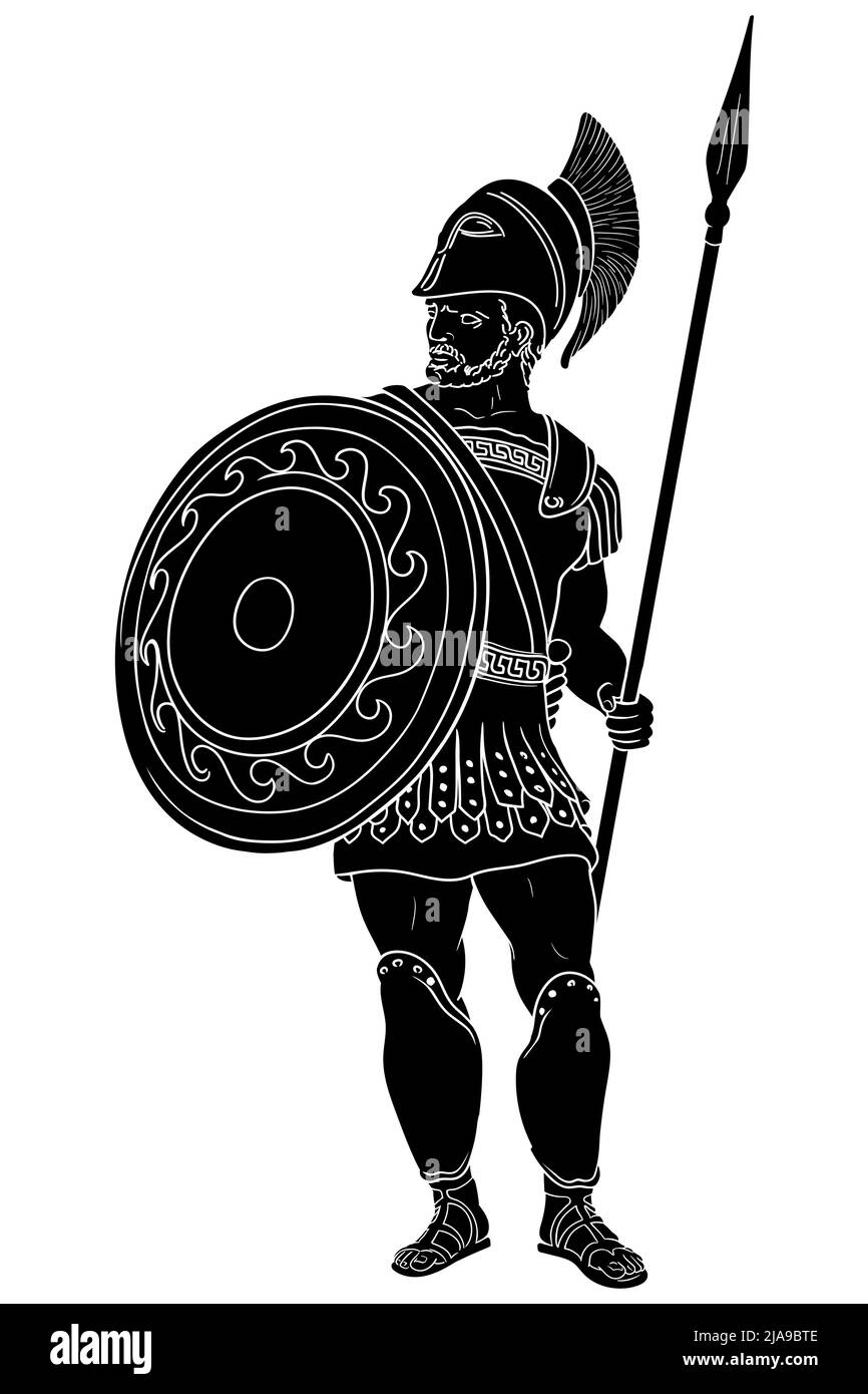 Ancien guerrier romain avec une lance et un bouclier dans ses mains est debout et regardant loin. Illustration vectorielle isolée sur fond blanc. Illustration de Vecteur