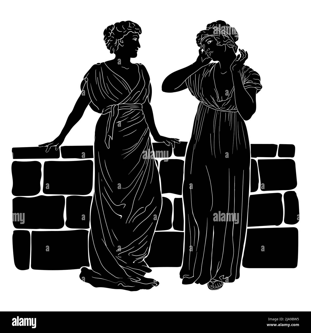 Deux anciennes femmes grecques en tuniques est debout près du parapet de pierre et de parler. Image vectorielle isolée sur fond blanc. Illustration de Vecteur