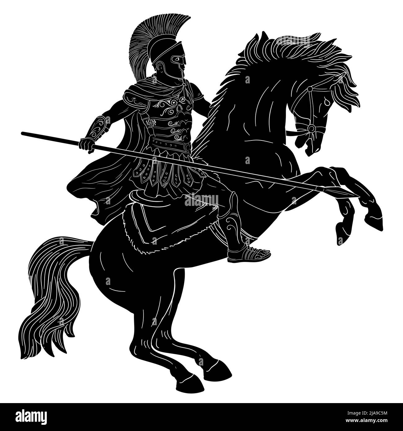 Ancien guerrier romain avec une lance dans ses mains est de monter un cheval prêt à attaquer. Illustration vectorielle isolée sur fond blanc. Illustration de Vecteur