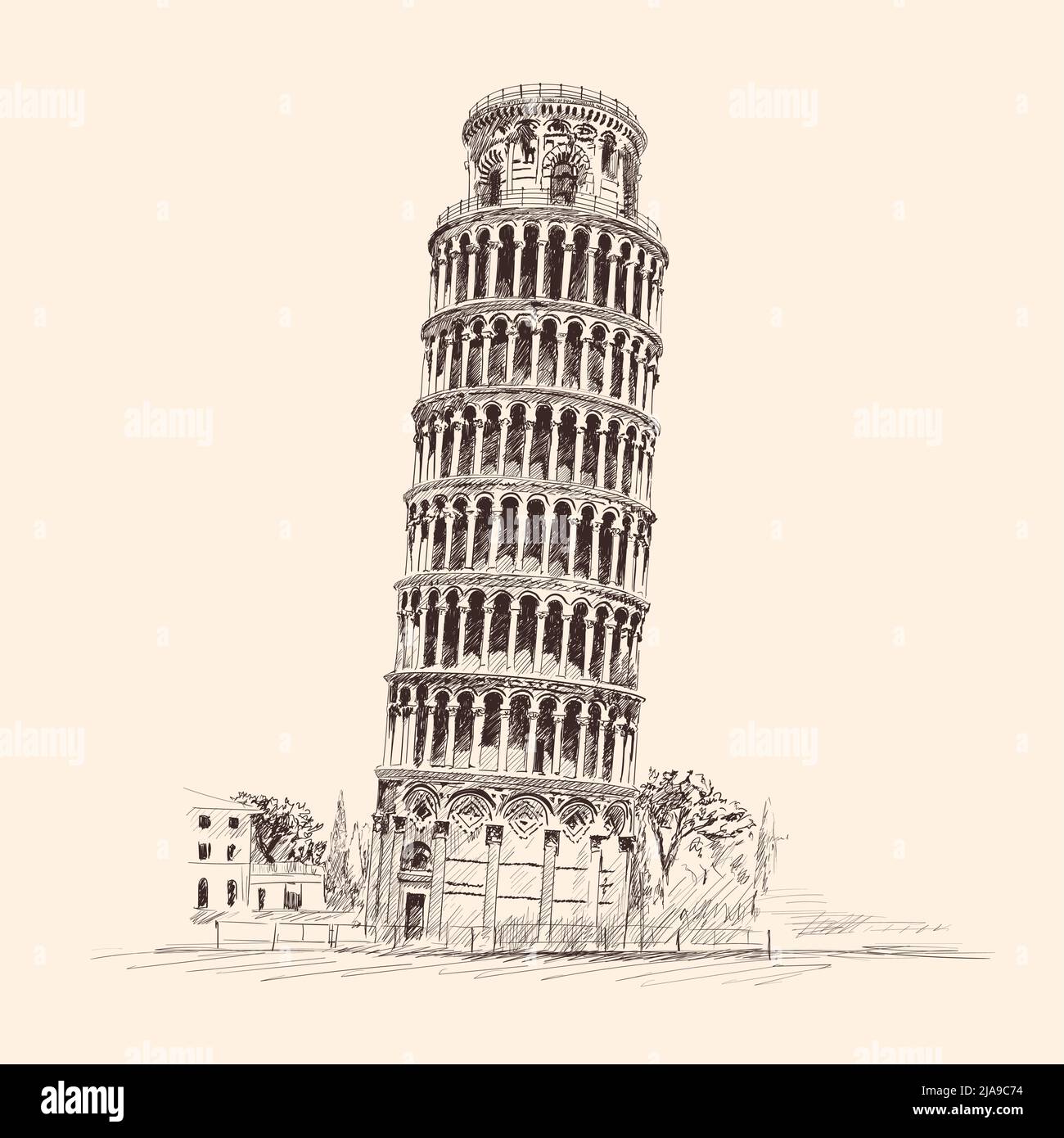 Tour penchée de Pise. Italie,. Dessinez au crayon sur un arrière-plan beige. Illustration de Vecteur