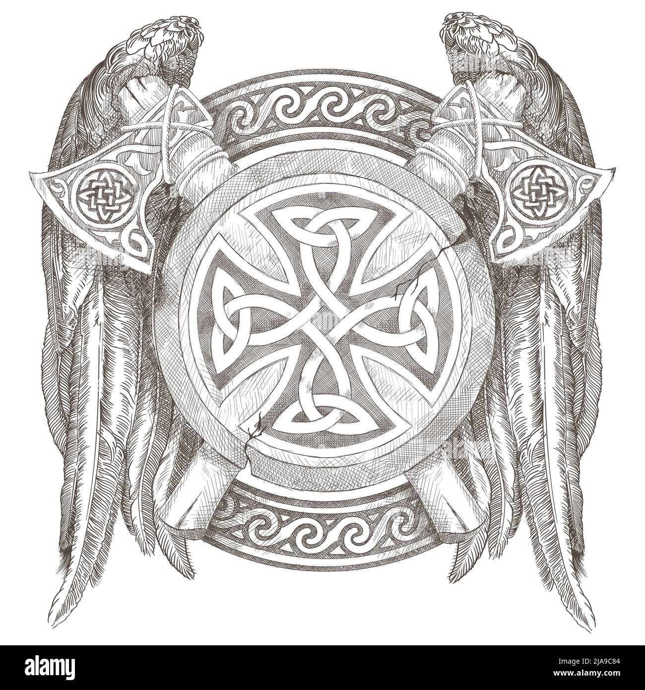 Bouclier celtique et deux axes avec ailes. Armoiries des Vikings avec un ornement national. Dessin à la main au crayon. Illustration de Vecteur