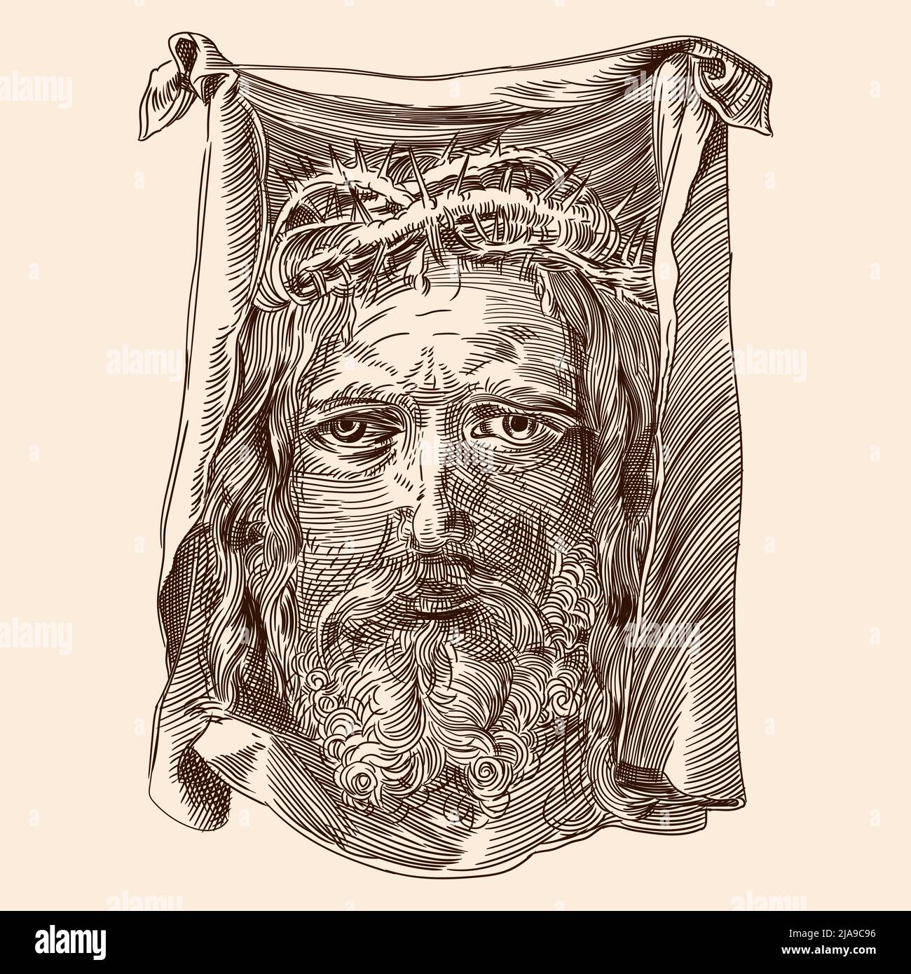 Le visage de Jésus Christ Sauveur sur le carénage. Détail d'une gravure d'Albrecht Durer, Nunberg, 1513 Illustration de Vecteur