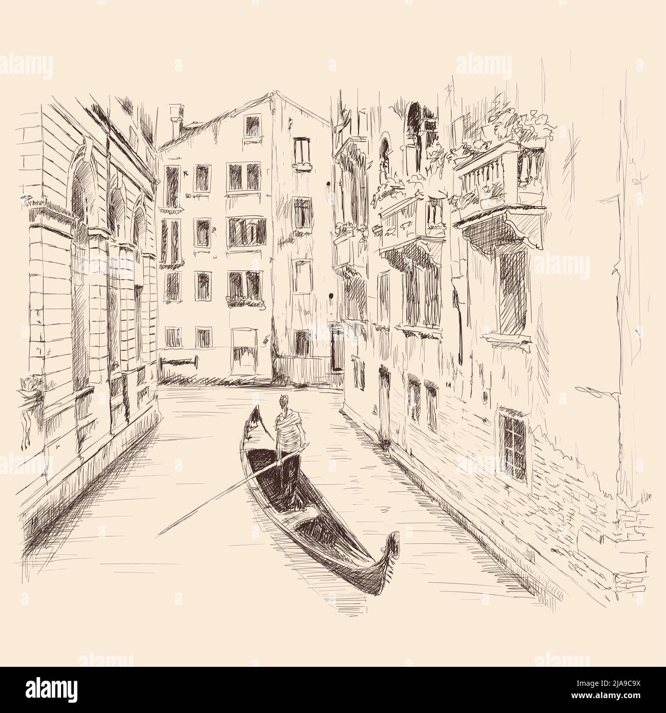 Paysage de la vieille ville de Venise. Paysage avec canal, bâtiments anciens et un bateau. Esquisse crayon. Illustration de Vecteur